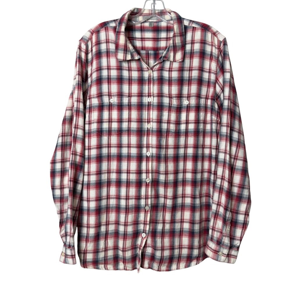 Horny Toad Mixologist Shirt Womens XL Red Blue Plaid Button Back Organic Cotton